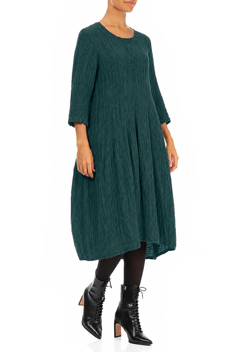 Flared Balloon Crinkled Deep Turquoise Silk Dress