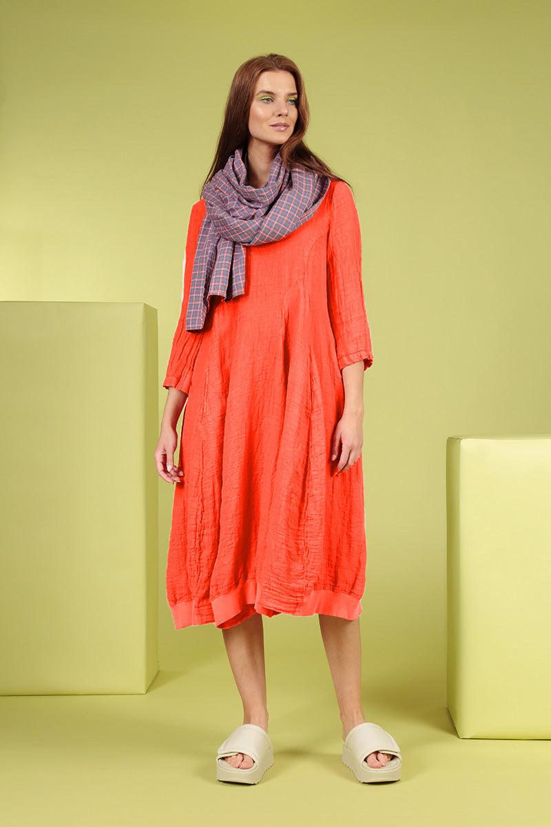 Flared Balloon Flame Orange Linen Dress