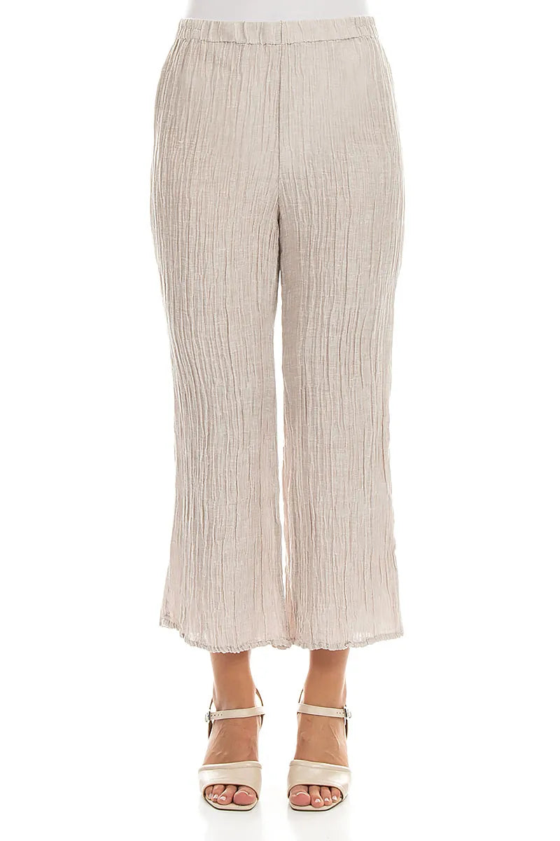 Flared Beige Crinkled Silk Trousers 1