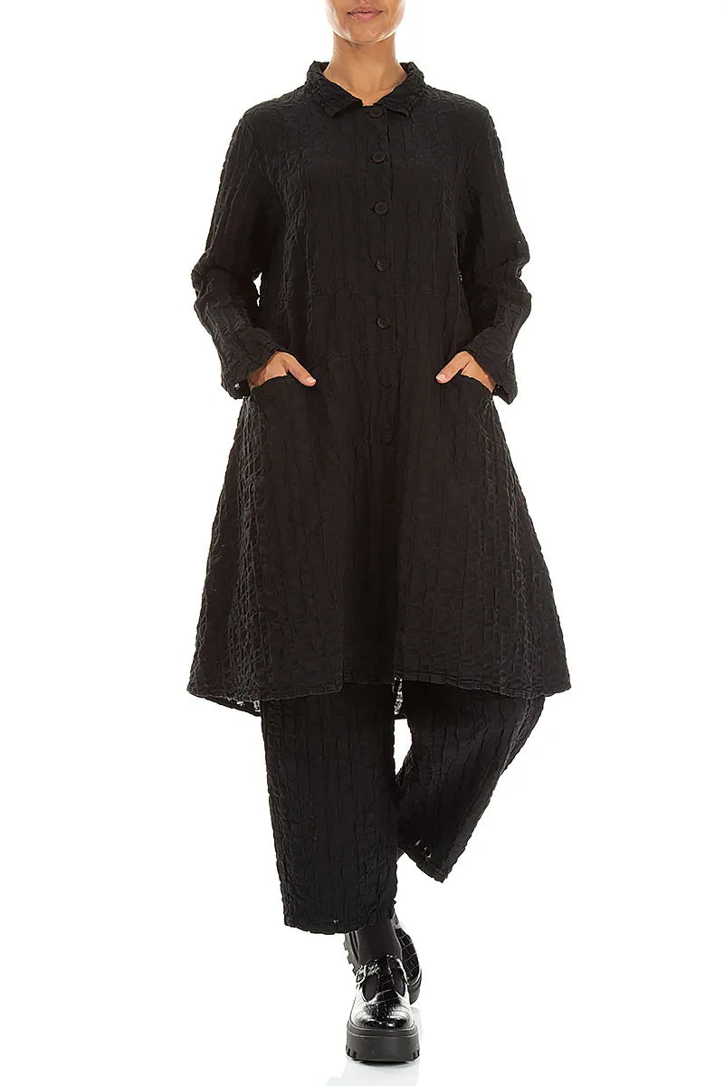 Flared Black Checkered Linen Cotton Jacket