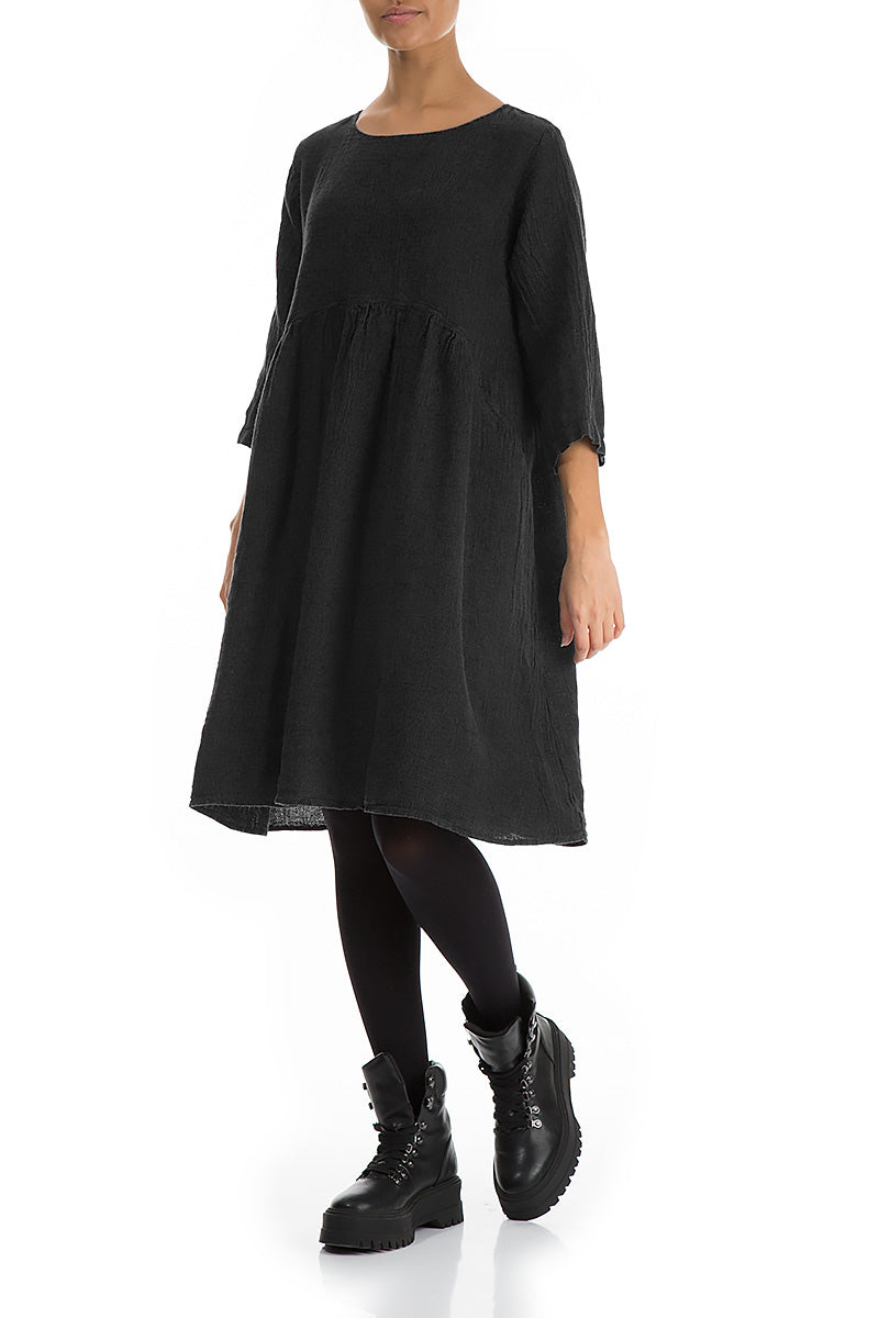 Flared Black Mélange Linen Midi Dress 3