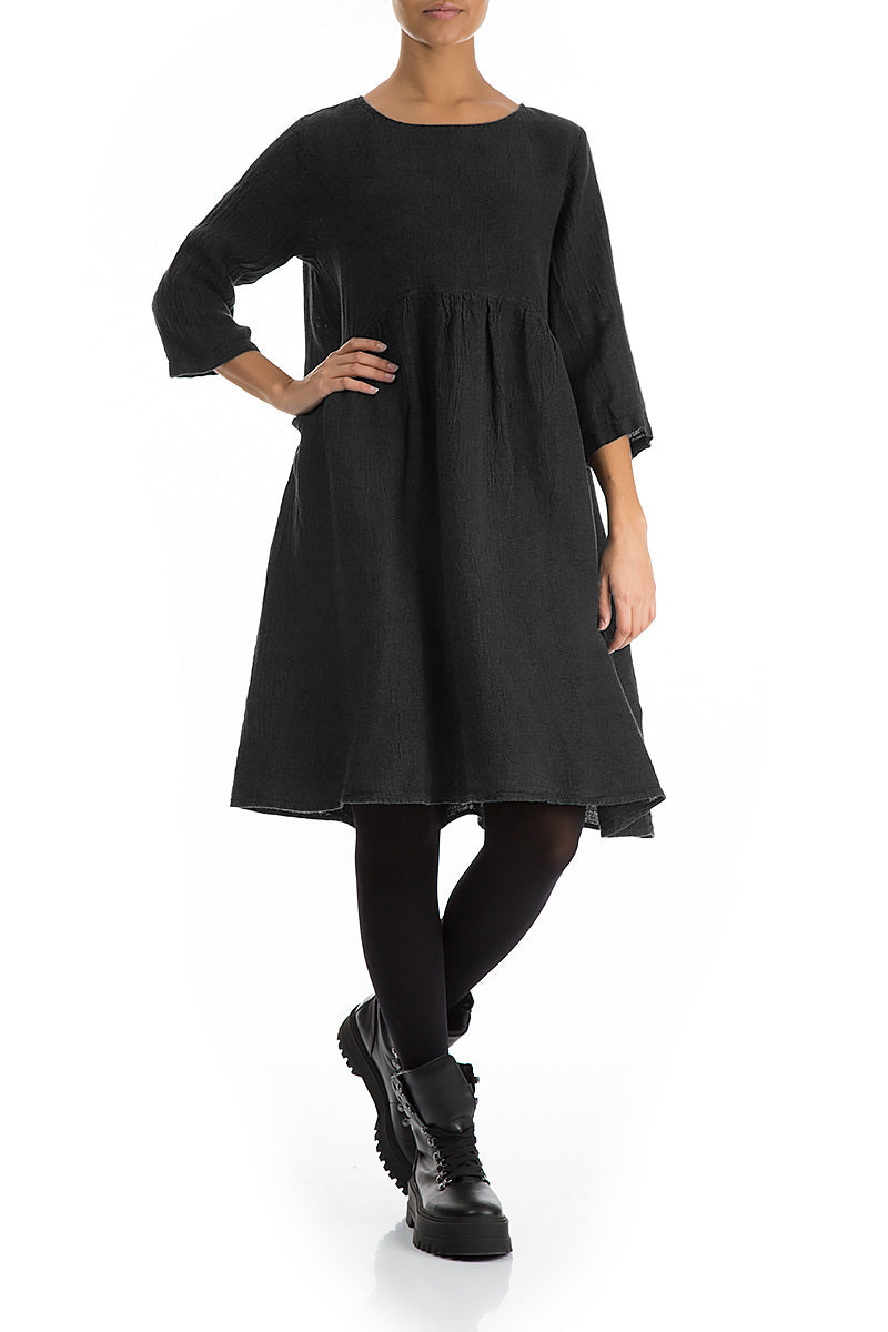 Flared Black Mélange Linen Midi Dress 4