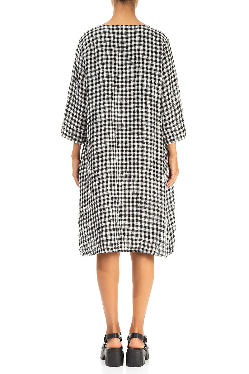 Flared Black & White Check Linen Dress 2