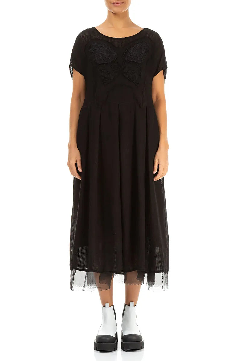 Flared Butterfly Black Mesh Silk Dress 1