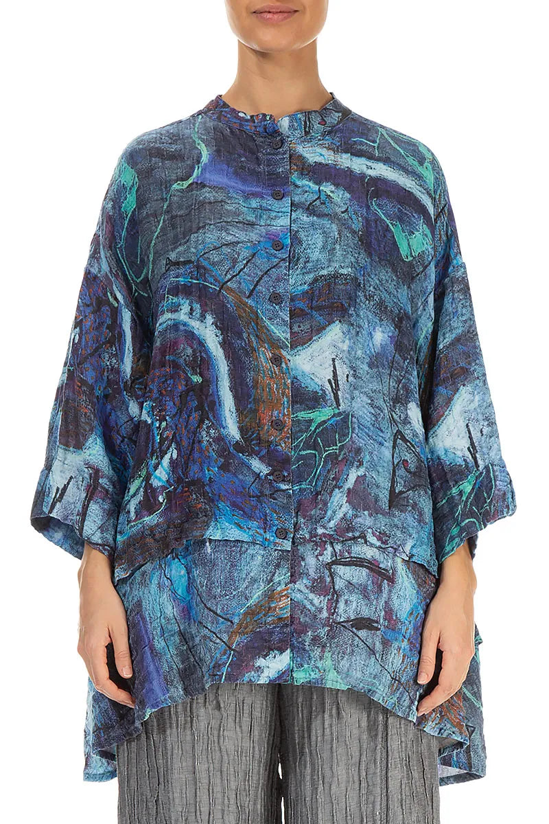 Flared Crinkled Blue Reverie Silk Shirt 2