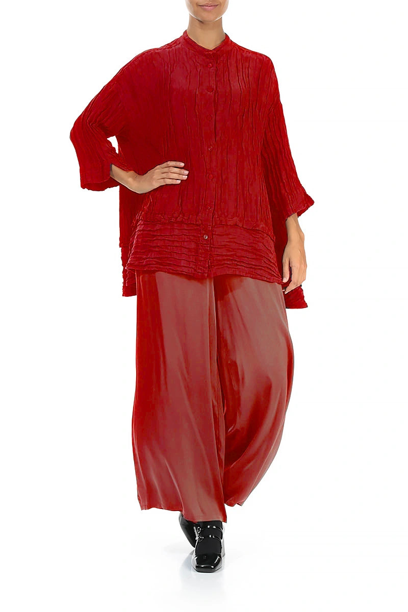 Flared Crinkled Cherry Red Silk Shirt