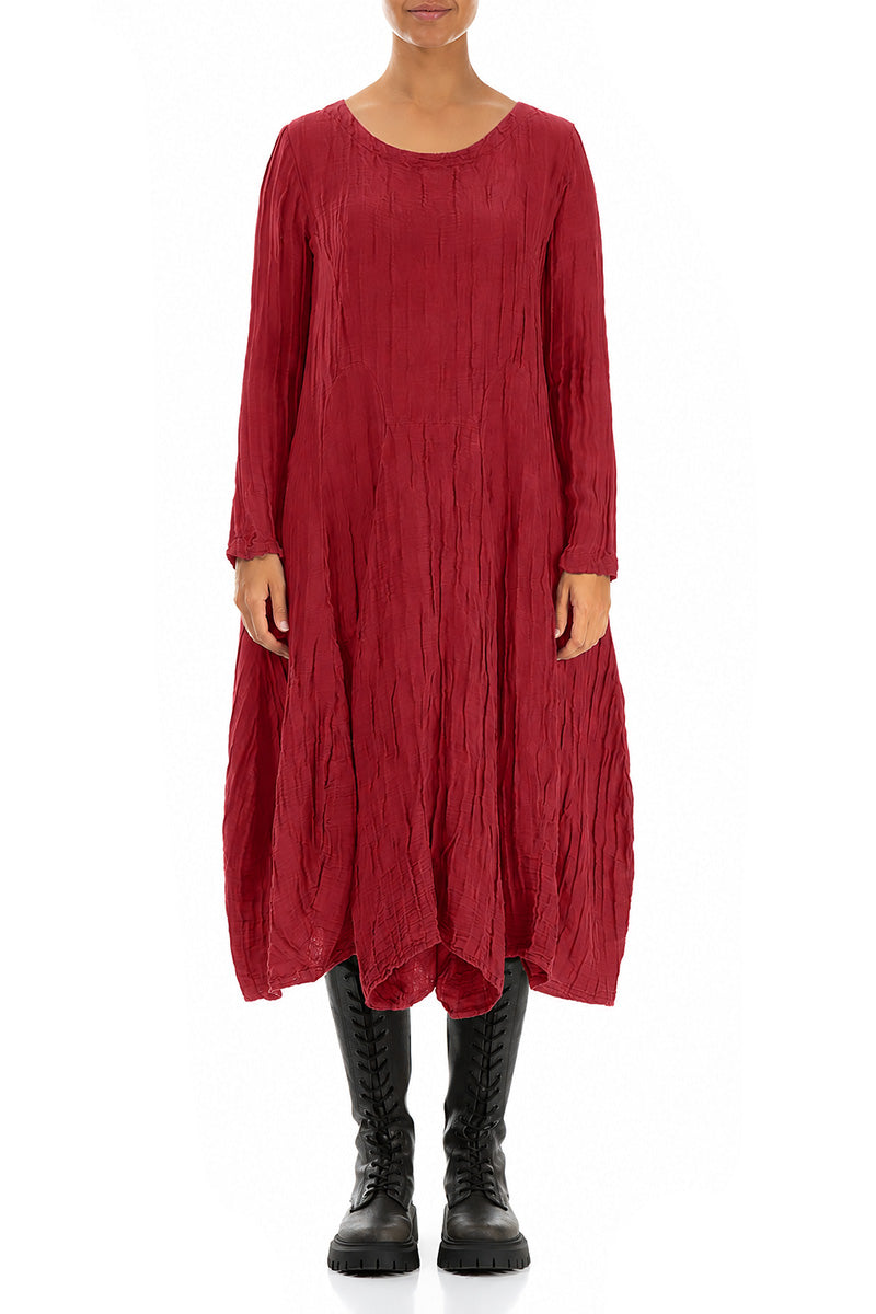 Flared Crinkled Ruby Silk Linen Dress
