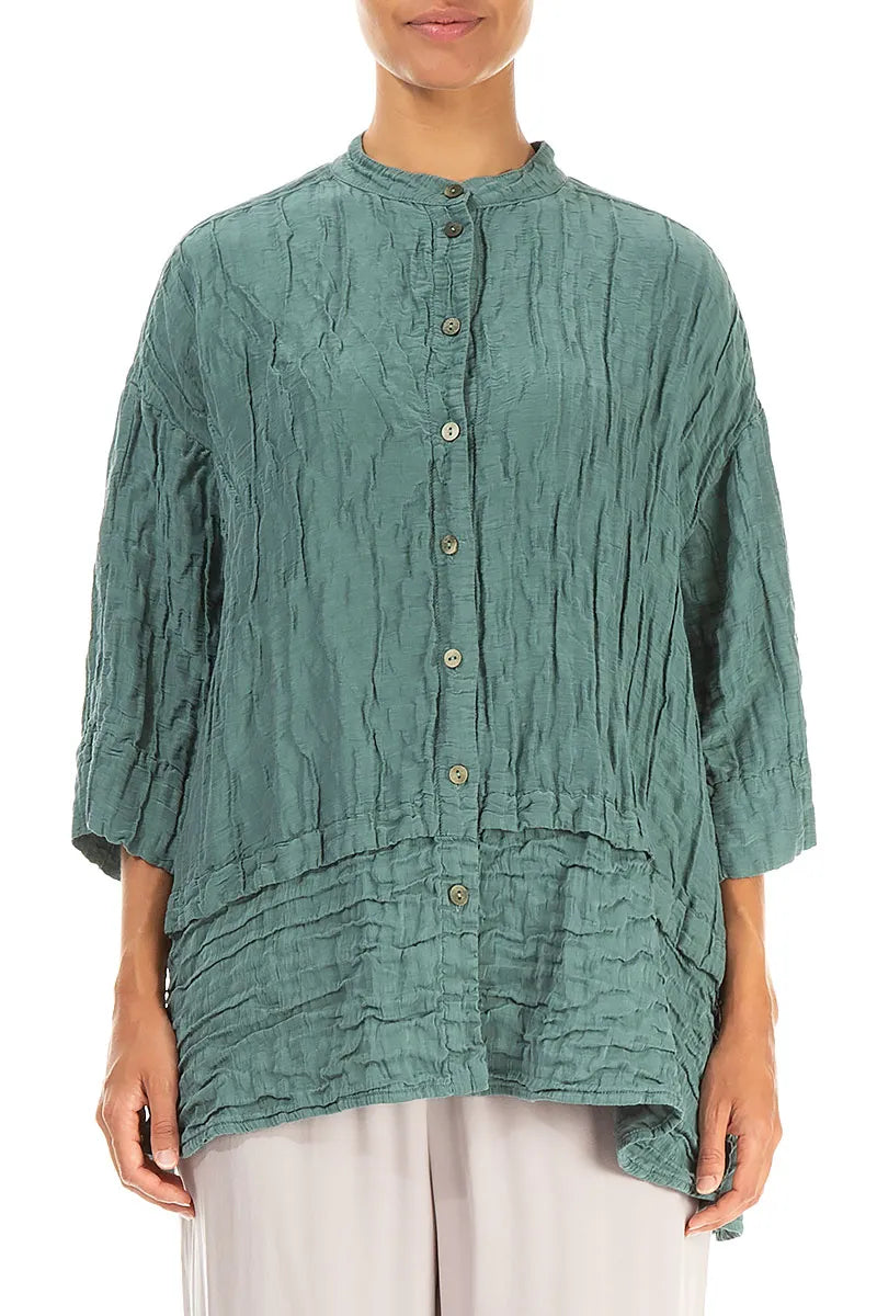 Flared Crinkled Sage Silk Shirt