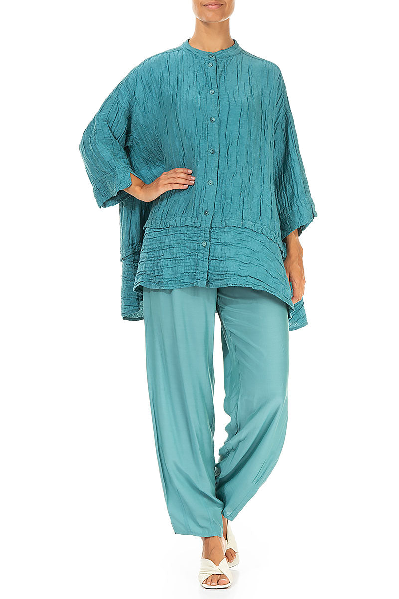 Flared Crinkled Turquoise Silk Shirt 4