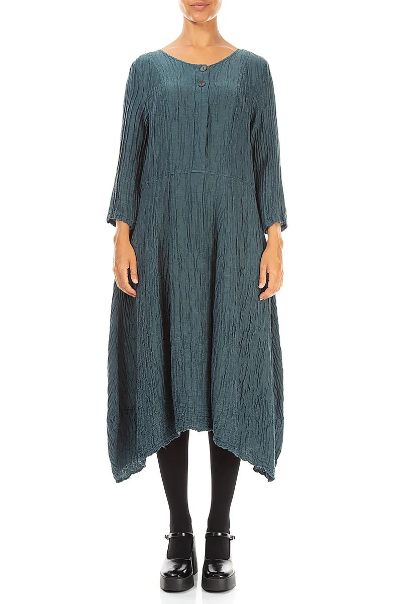 Flared Deep Turquoise Crinkled Silk Linen Dress