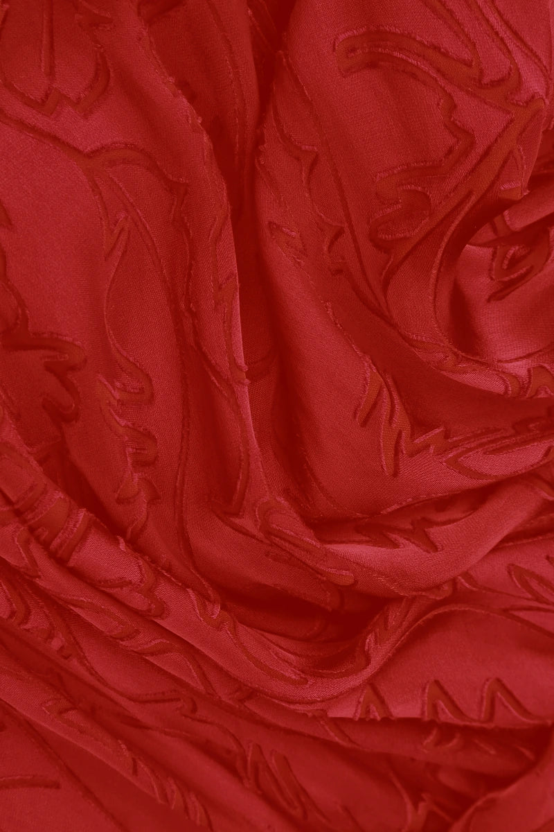 Flared Devoré Feather Cherry Red Silk Dress 5