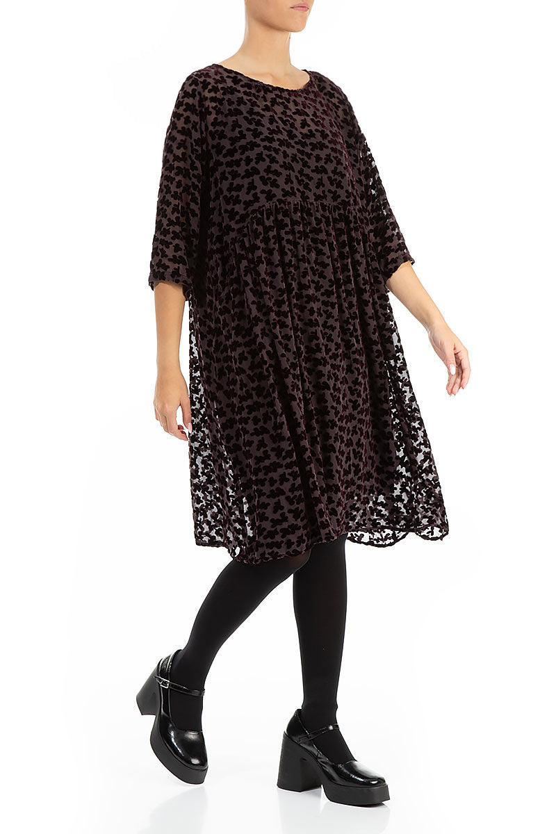 Flared Devoré Petals Maroon Silk Velvet Dress 3