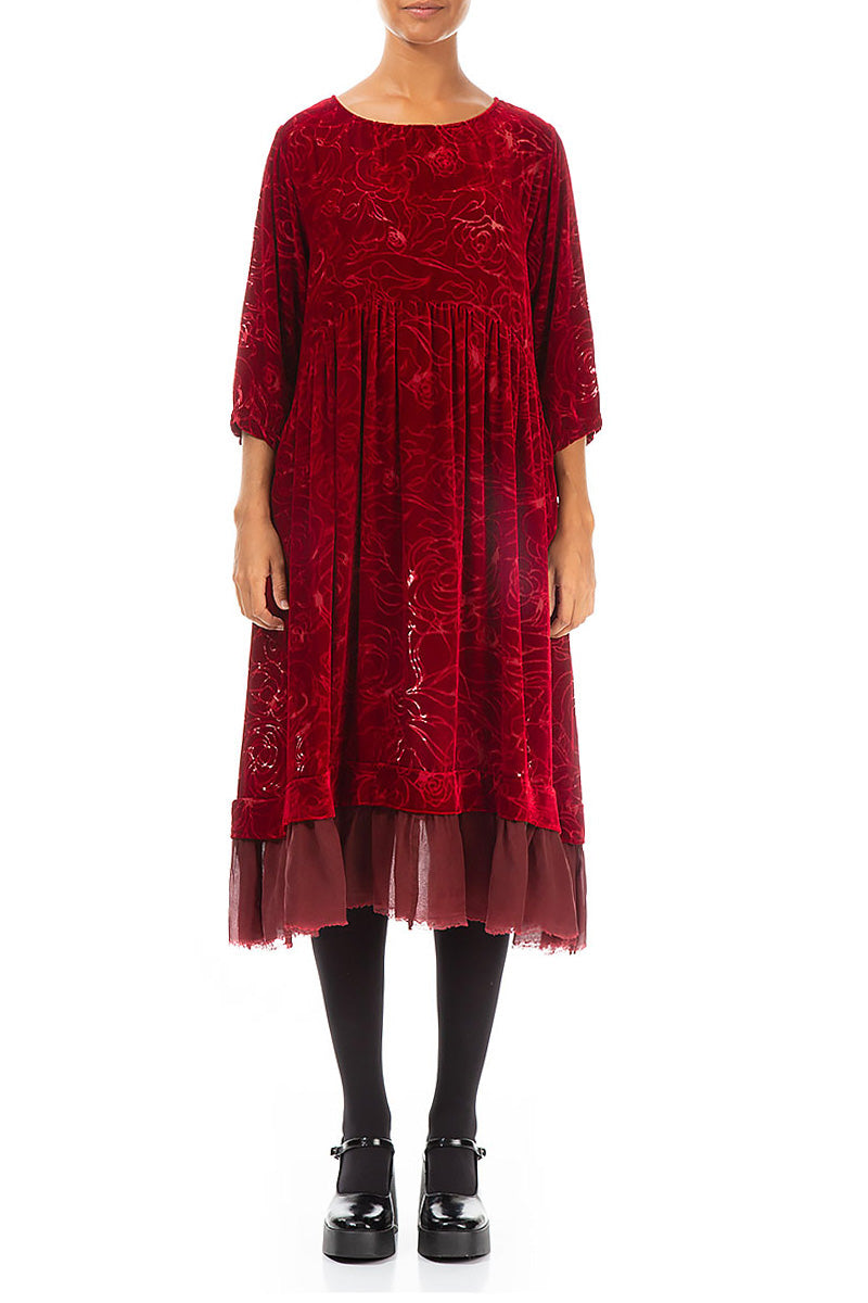 Flared Devoré Roses Cherry Red Silk Velvet Dress