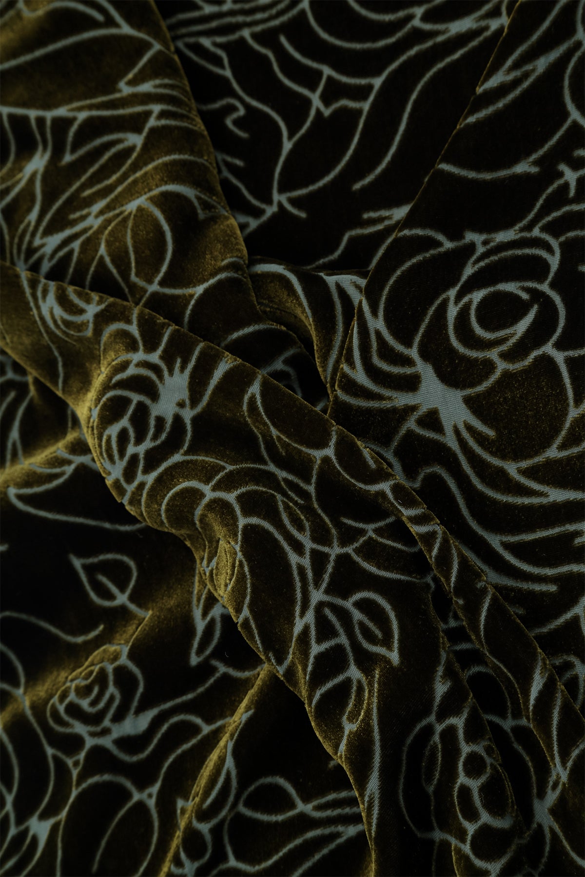 Flared Devoré Roses Forest Mist Silk Velvet Dress