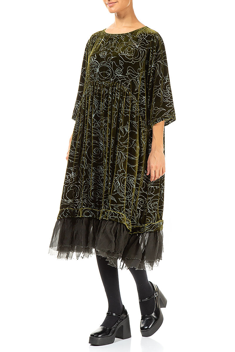 Flared Devoré Roses Forest Mist Silk Velvet Dress