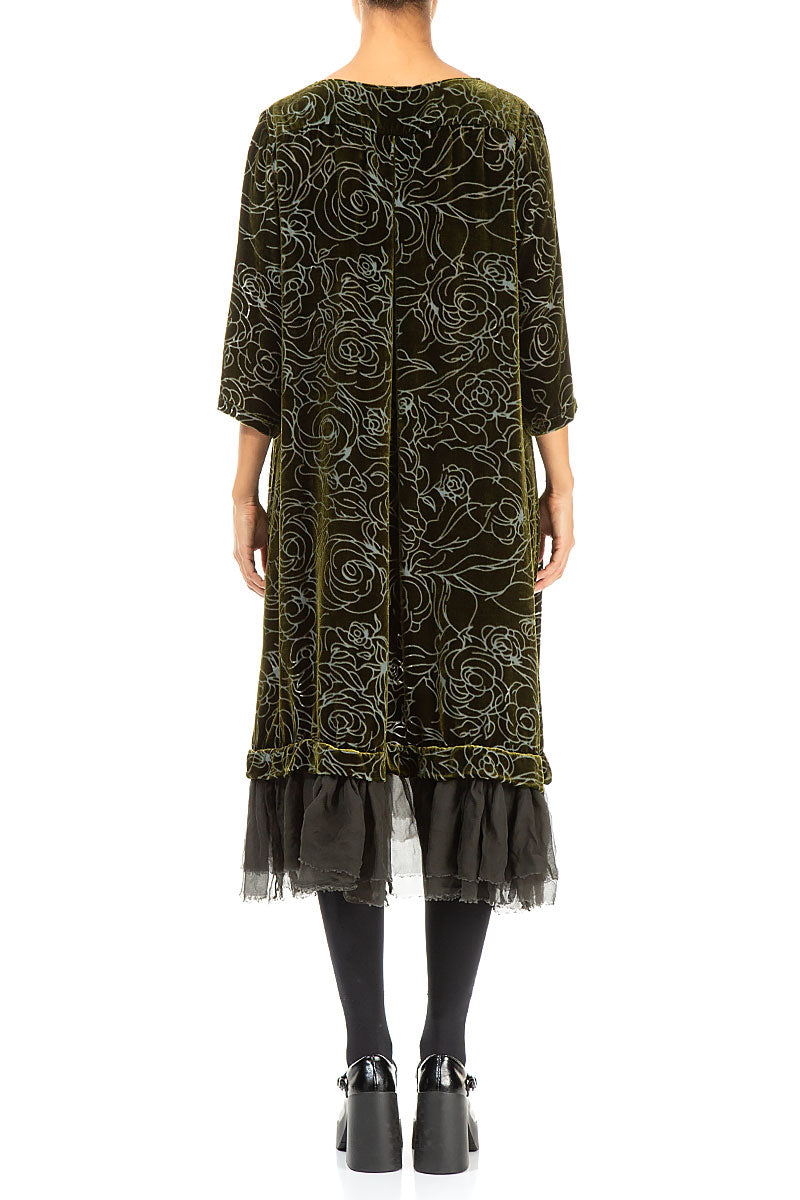 Flared Devoré Roses Forest Mist Silk Velvet Dress