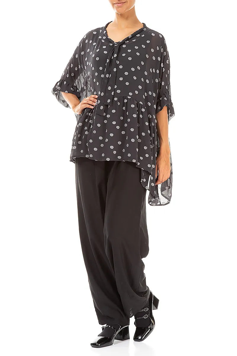 Flared Dotty Black Silver Silk Cotton Blouse 4