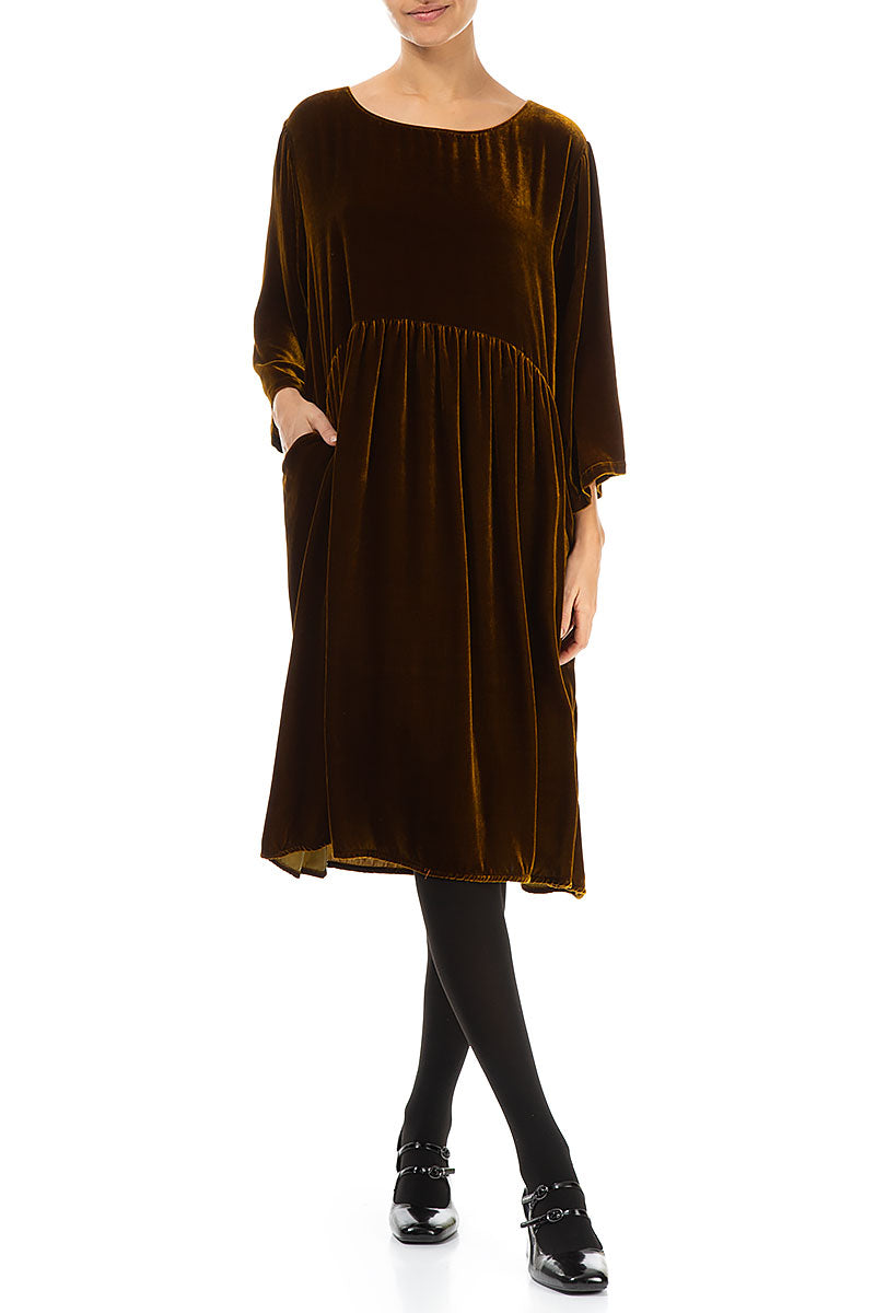Flared Golden Olive Silk Velvet Dress 5