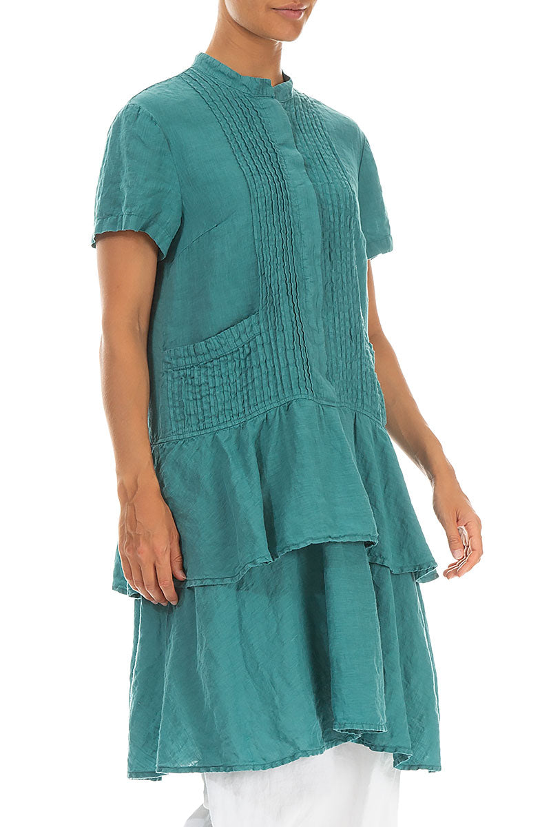 Flared Layered Turquoise Linen Tunic Dress 3