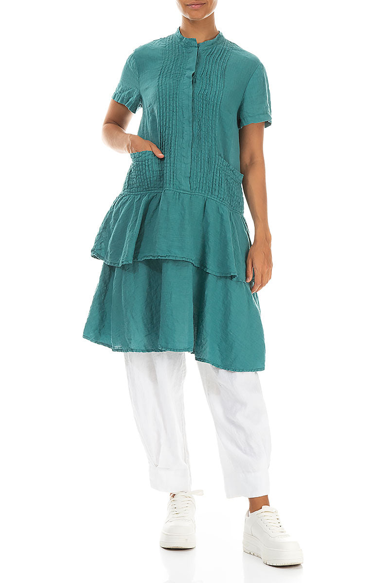 Flared Layered Turquoise Linen Tunic Dress 4