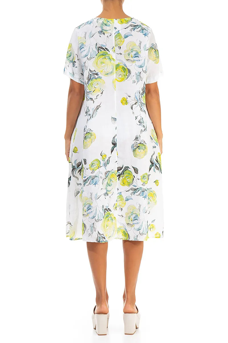 Flared Midi Lime Rose Linen Dress 2