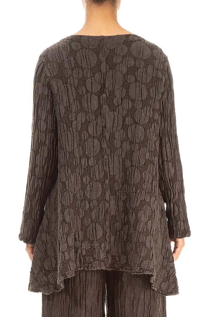 Flared Pockets Crinkled Forest Brown Circle Silk Linen Tunic 2