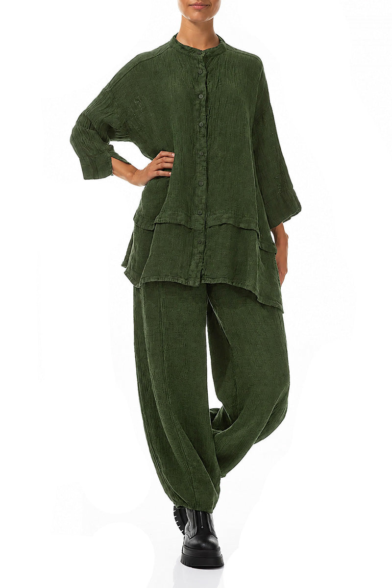 Flared Shamrock Green Mélange Linen Shirt