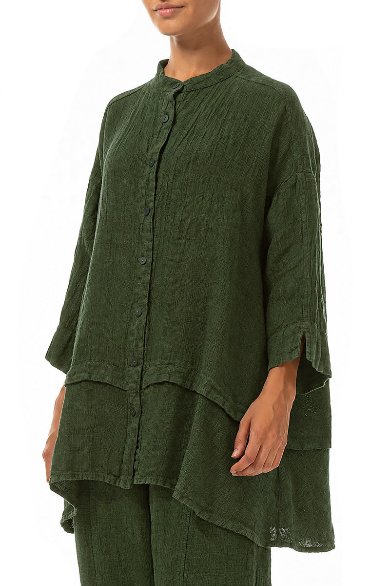Flared Shamrock Green Mélange Linen Shirt