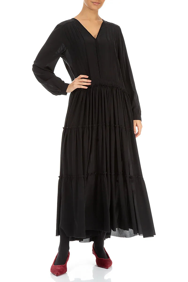 Flared Back Buttons Black Silk Dress