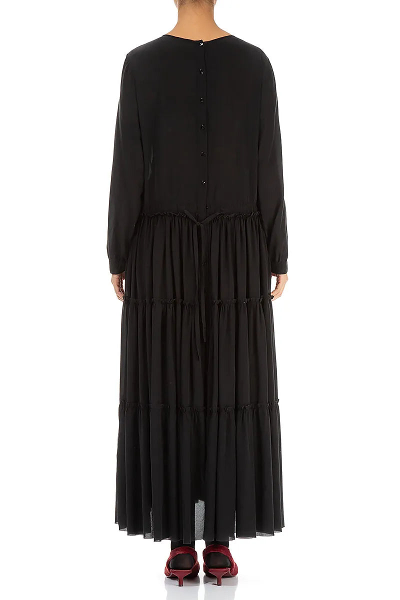 Flared Back Buttons Black Silk Dress 3