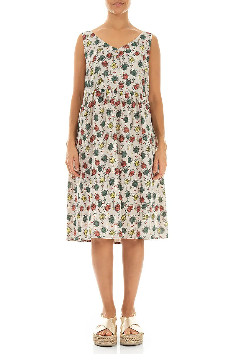 Flared Sketch Blooms Linen Dress