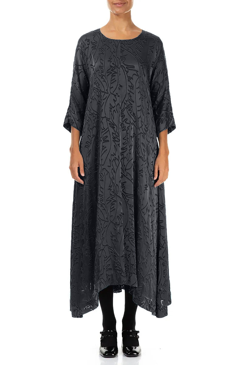 Flared Slate Devoré Feather Silk Dress