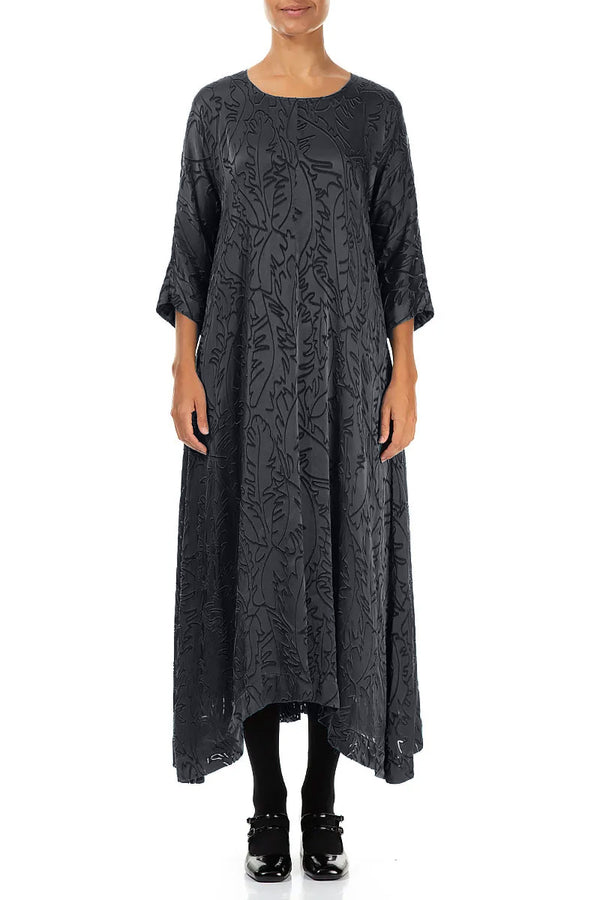 Flared Slate Devoré Feather Silk Dress 1