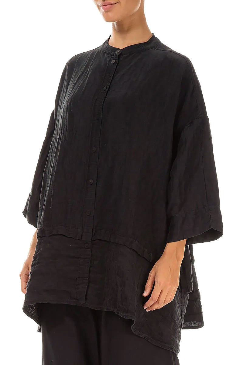 Flared Textured Black Silk Linen Shirt 3