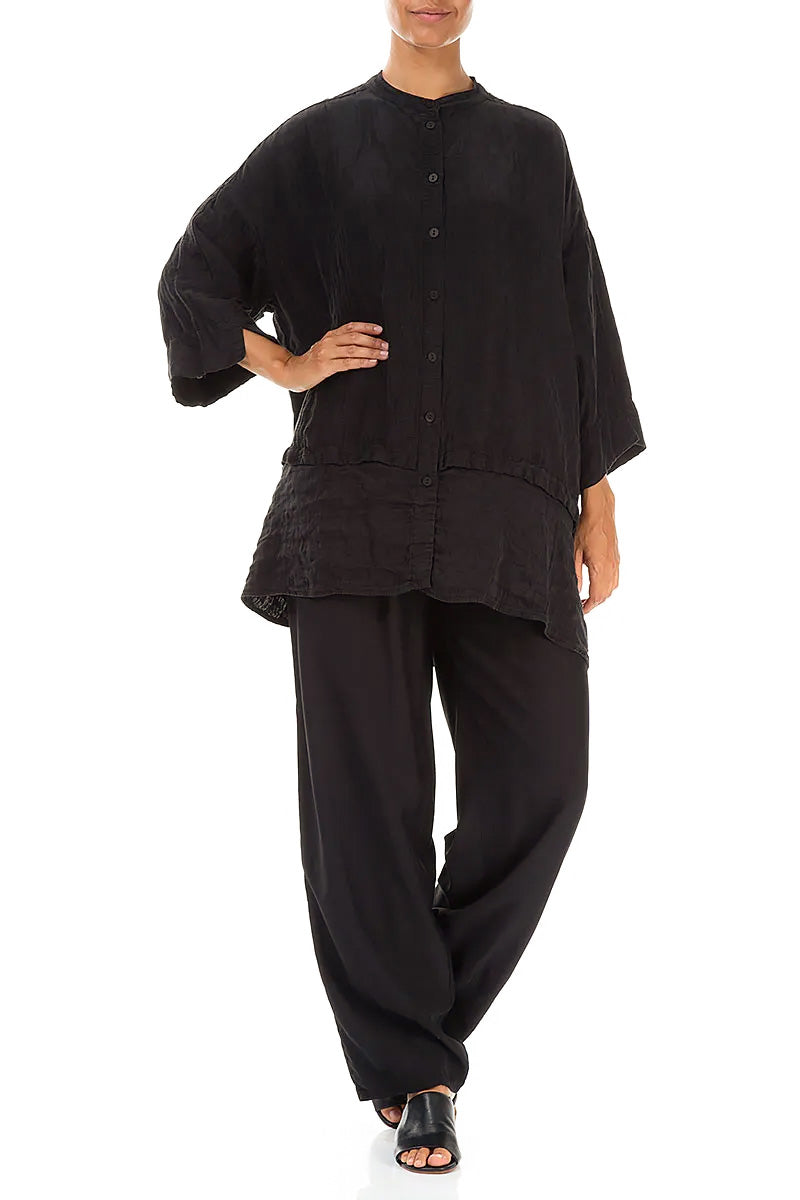 Flared Textured Black Silk Linen Shirt 4