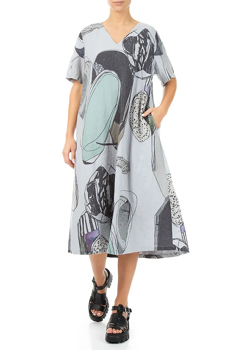 Flared V-Neck Silver Grey Tumbled Stone Linen Dress