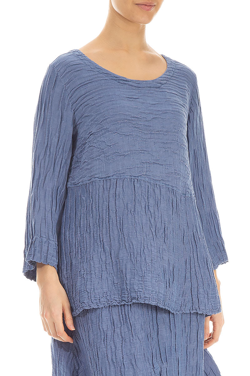 Soft-Shaped Blue Nova Crinkled Silk Linen Blouse 3