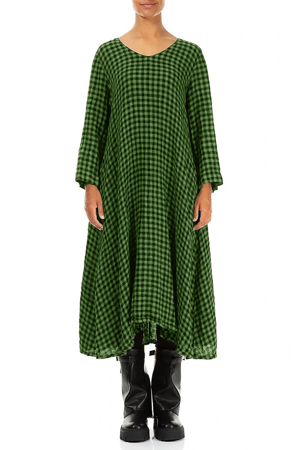 Floaty Shamrock Green Check Linen Midi Dress
