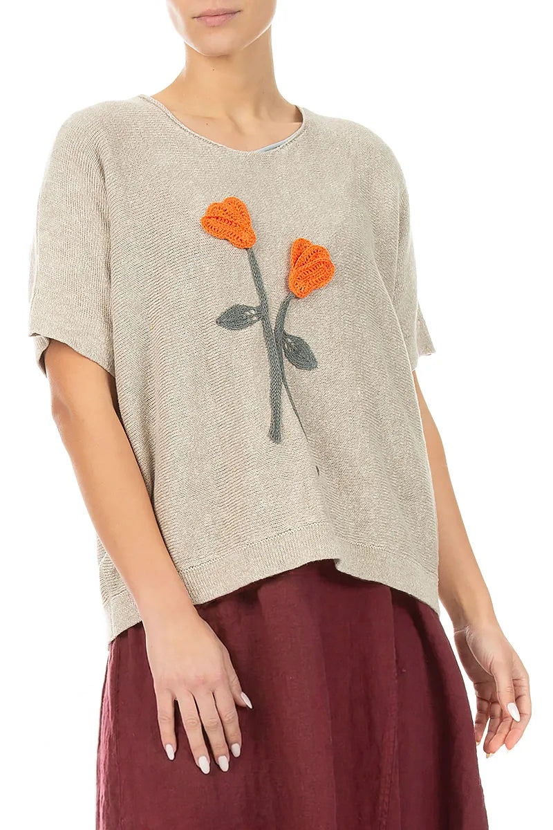 Floral Detail Natural Linen Knit Blouse 3