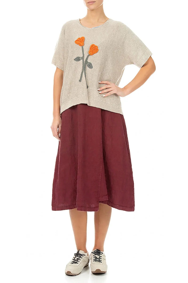 Floral Detail Natural Linen Knit Blouse 4