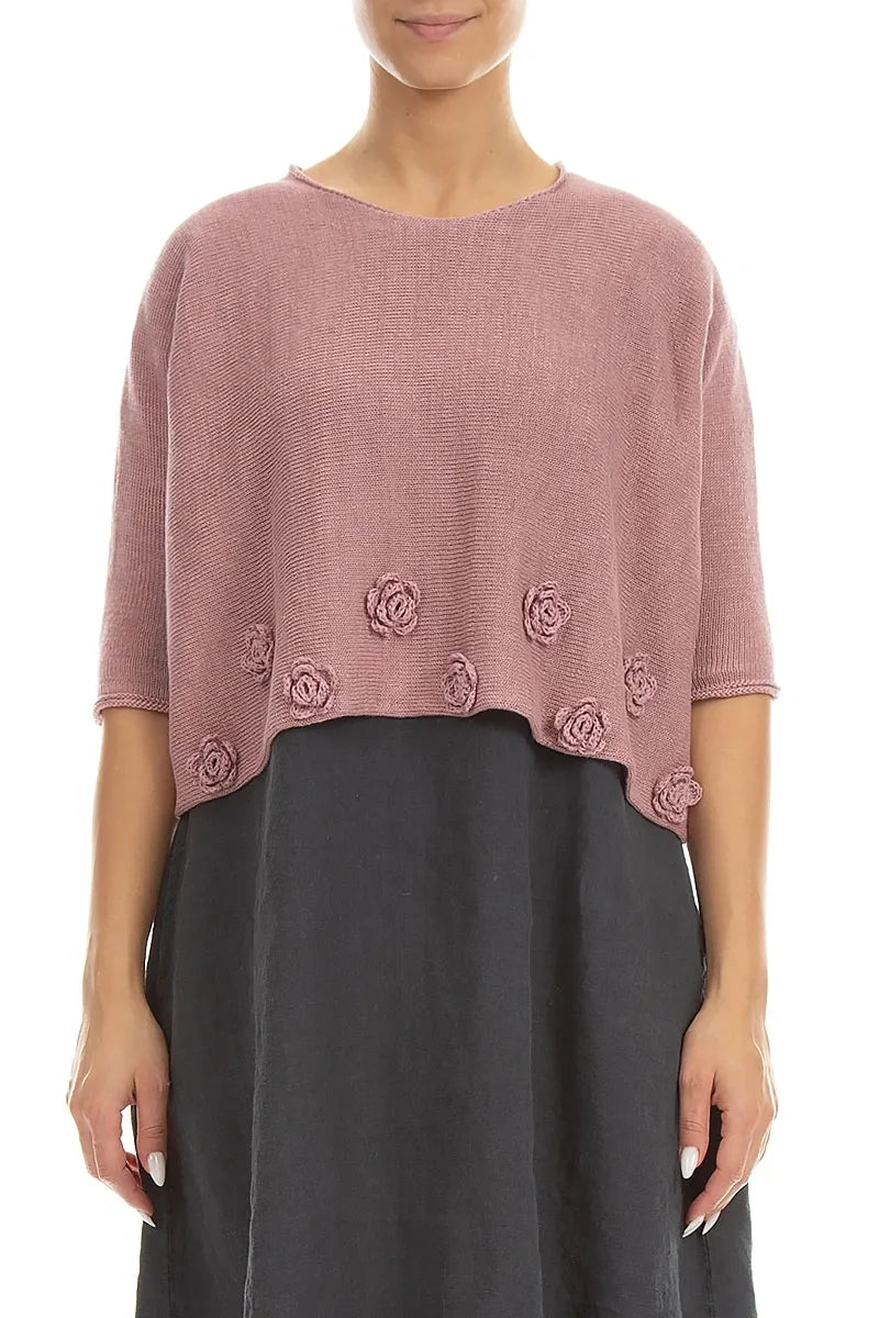 Flowers Decorated Mauve Pink Linen Jumper 1