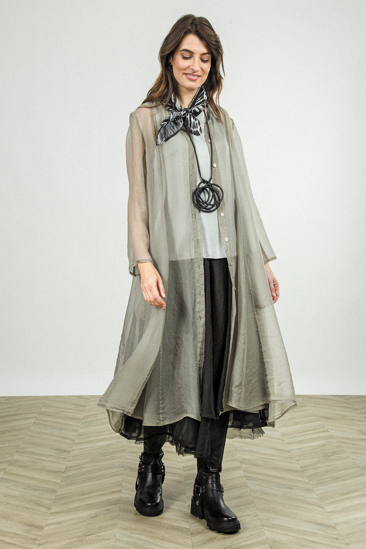 Flowing Olive Grey Silk Chiffon Jacket