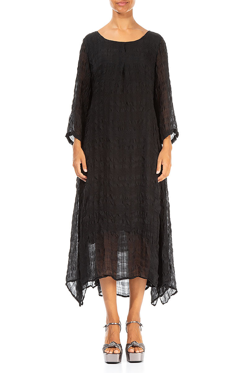 Flowy Tie Up Black Textured Silk Dress 1