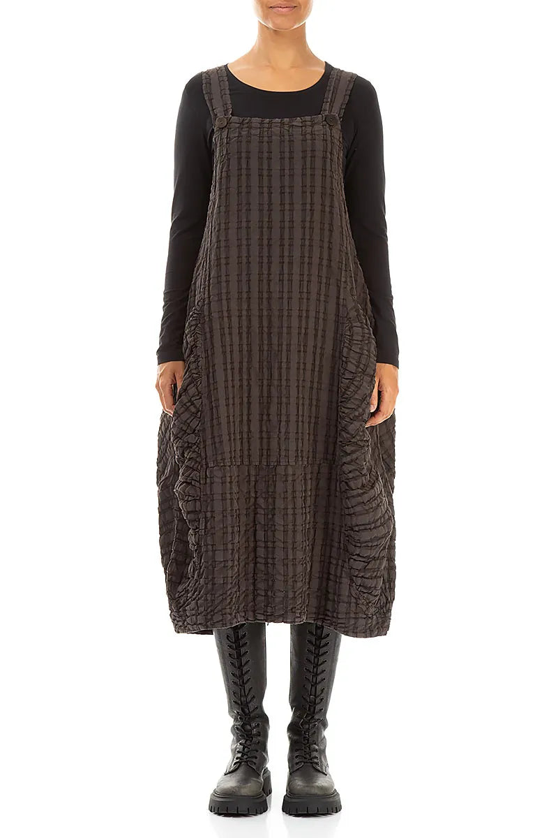 Waldbraun kariertes Trägerkleid aus Leinen und Baumwolle