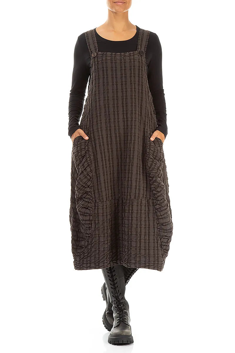 Waldbraun kariertes Trägerkleid aus Leinen und Baumwolle