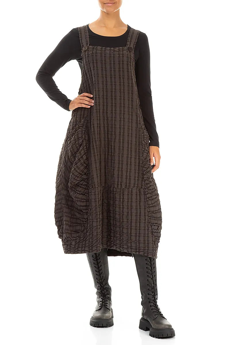Waldbraun kariertes Trägerkleid aus Leinen und Baumwolle