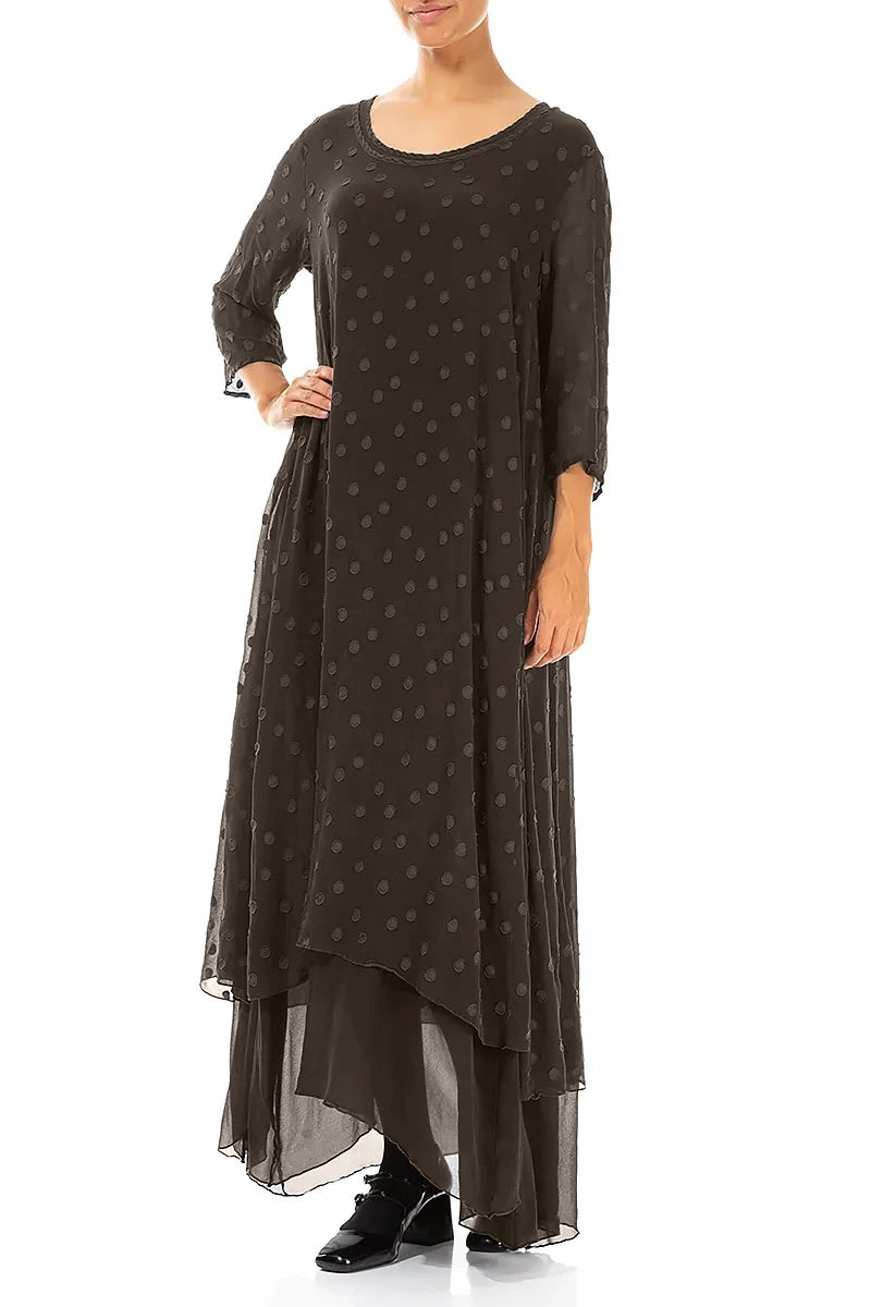 Layered Dotty Forest Brown Silk Dress 4