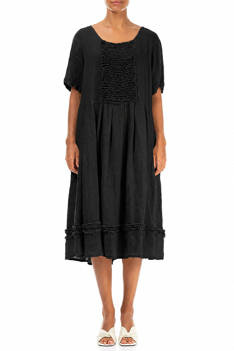 Frill Black Gauze Linen Dress 1