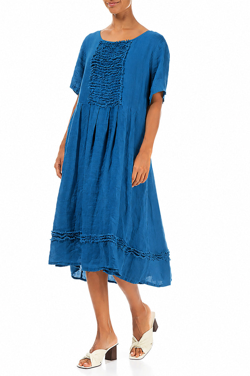 Frill Cobalt Blue Gauze Linen Dress 3