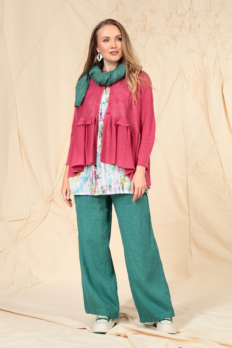 Frilled Hem Raspberry Linen Cardigan 1